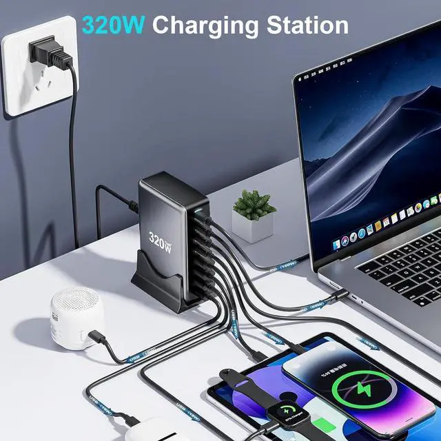 Alt view image 4 of 7 - ESTONE 320W 8-Port USB-C PD3.0 QC3.0 Laptop Charger Power Charging Station Hub Compatible with MacBook Pro/Air, iPad Pro, iPhone 16/15/14 Pro, Galaxy Tab S8, S23, XPS