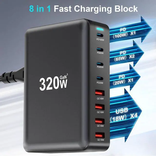 Alt view image 2 of 7 - ESTONE 320W 8-Port USB-C PD3.0 QC3.0 Laptop Charger Power Charging Station Hub Compatible with MacBook Pro/Air, iPad Pro, iPhone 16/15/14 Pro, Galaxy Tab S8, S23, XPS