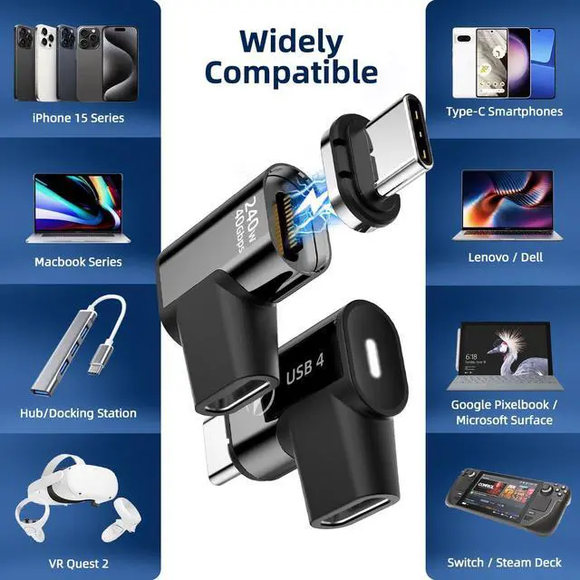 Alt view image 4 of 7 - ESTONE 2 Pack USB C Magnetic Adapter 240w, 24 Pin ElbowMagnetic USB C Adapter with PD Fast Charge USB4 40Gbps 8K 60Hz Video Compatible for Thunderboard 3/4, MacBook Pro/Air/ROG Ally/Steam Deck/PS5