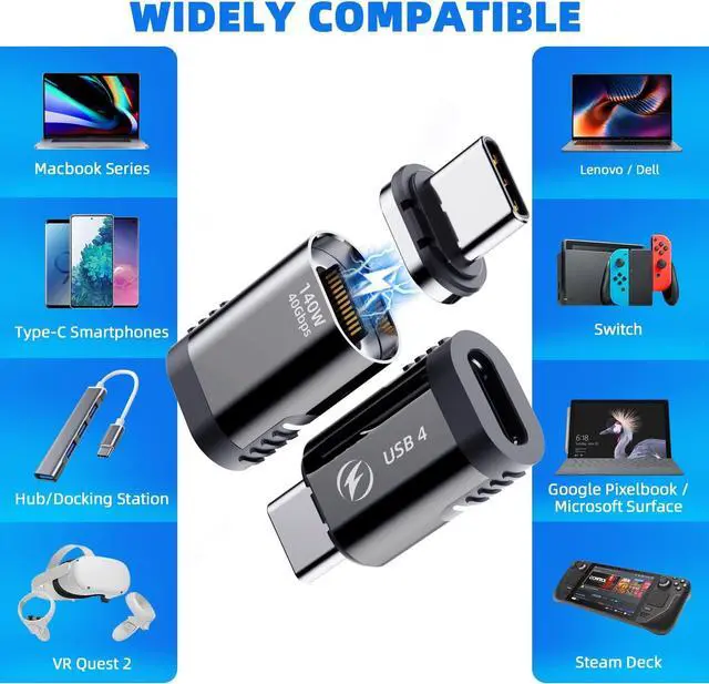 Alt view image 5 of 7 - ESTONE 2 Pack USB C Magnetic Adapter 140w, 24 Pin Straight Magnetic USB C Adapter with PD Fast Charge USB4 40Gbps 8K 60Hz Video Compatible for Thunderboard 3/4, MacBook Pro/Air/ROG Ally/Steam Deck/PS5