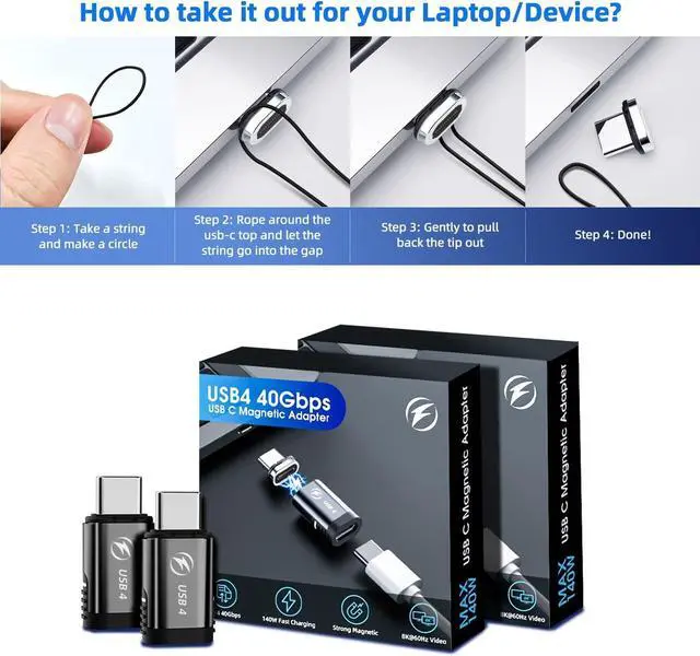 Alt view image 7 of 7 - ESTONE 2 Pack USB C Magnetic Adapter 140w, 24 Pin Straight Magnetic USB C Adapter with PD Fast Charge USB4 40Gbps 8K 60Hz Video Compatible for Thunderboard 3/4, MacBook Pro/Air/ROG Ally/Steam Deck/PS5