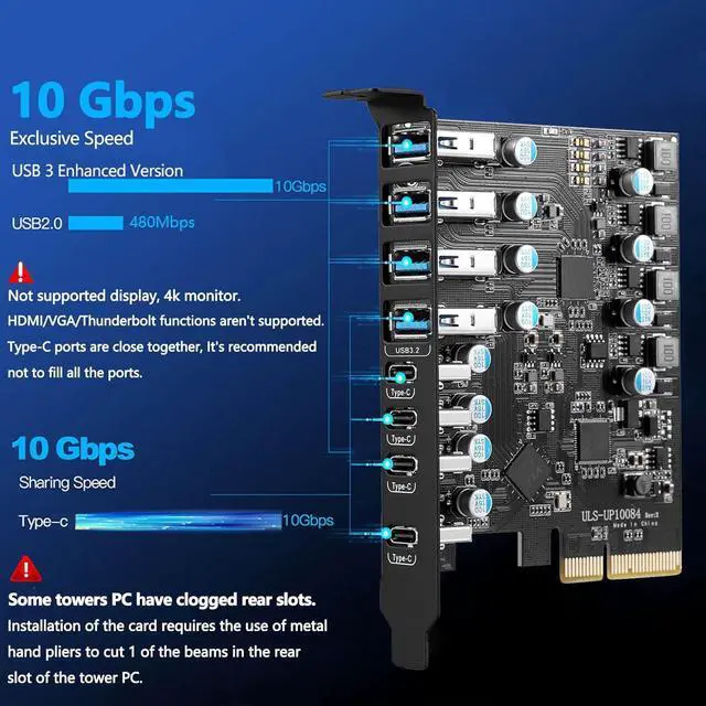 Alt view image 2 of 7 - ESTONE PCIE to USB3.2 Expansion Card, 8-Port (4X USB 3.2 A,4X USB C) Superspeed 10Gbps Front Expansion Card, USB PCIE Expansion Card for Win XP Win7 Win 8 Win 10 Win 11 Linux