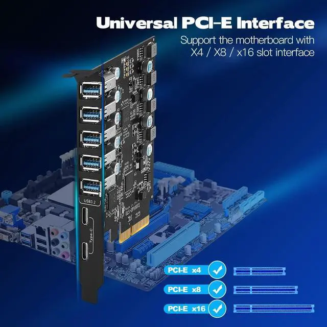 Alt view image 2 of 7 - ESTONE PCI-E to USB 7-Port((2*USB C - 5*USB 3.2)) Expansion Card,PCI Express USB 3.2 Add in Card, Internal USB3.0 Hub Converter for Desktop PC Host Card Support Windows 10/8/7/XP and MAC OS