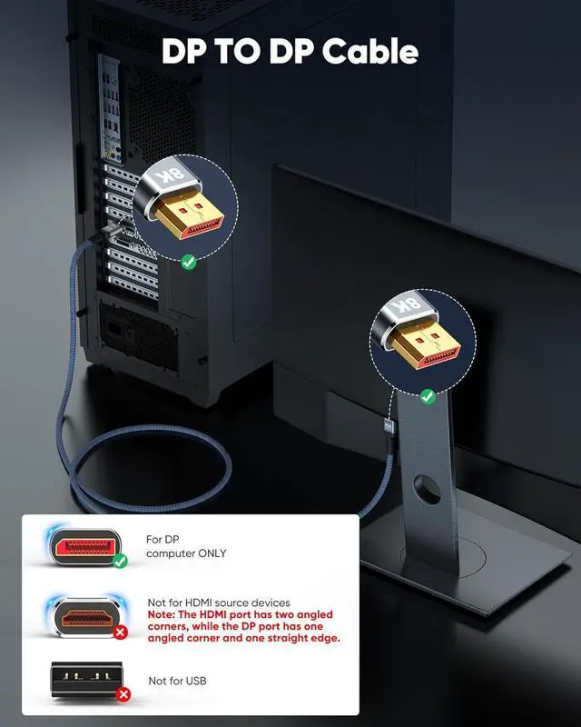 Alt view image 4 of 7 - ESTONE 8K DisplayPort 1.4 Cable 3.3ft (8K@60Hz, 4K@144Hz, 2K@240Hz), High Speed 32.4Gbps, Long Braided Copper DP Display Port 1.4 1.2 Cord for Gaming Monitor, Graphics, PC