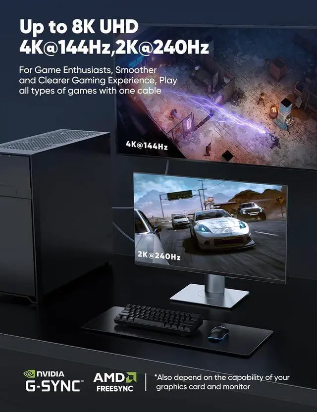 Alt view image 2 of 7 - ESTONE 8K DisplayPort 1.4 Cable 3.3ft (8K@60Hz, 4K@144Hz, 2K@240Hz), High Speed 32.4Gbps, Long Braided Copper DP Display Port 1.4 1.2 Cord for Gaming Monitor, Graphics, PC