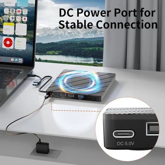 Alt view image 7 of 7 - ESTONE 8-IN-1 External CD DVD Drive with USB 3.0/2.0/Type-C Ports and SD/TF Card Slot, Portable CD/DVD ROM +/-RW Disk Player Burner Reader Writer Adapter for Laptop PC Windows, Mac, Linux