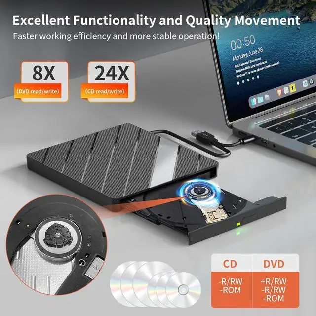 Alt view image 4 of 7 - ESTONE 8-IN-1 External CD DVD Drive with USB 3.0/2.0/Type-C Ports and SD/TF Card Slot, Portable CD/DVD ROM +/-RW Disk Player Burner Reader Writer Adapter for Laptop PC Windows, Mac, Linux