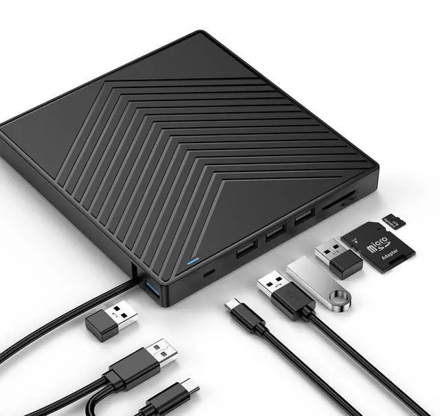 Main image of ESTONE 8-IN-1 External CD DVD +/-RW Drive USB 3.0 & USB-C CD Burner DVD Player Reader Writer Optical Disc Drive with USB Hub and TF/SD Read Carder for Laptop Mac MacBook Pro/Air, Wins 11/10/8/7, PC