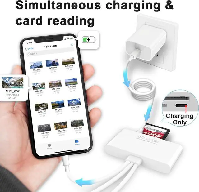 Alt view image 4 of 7 - ESTONE 5-in-3 SD TF Memory Card Reader for iPhone iPad with USB OTG & Charging Port, [MFi Certified] High-Speed Trail Game Camera Viewer, Simultaneous Charging and Reading, SD Camera Adapter