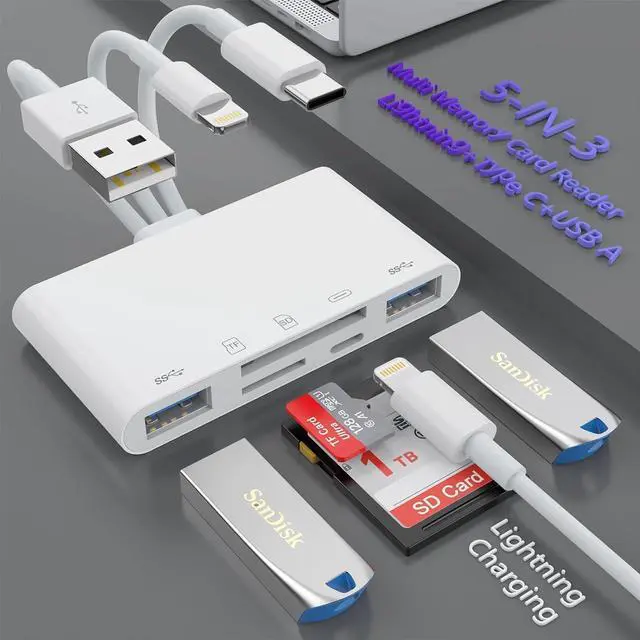 Main image of ESTONE 5-in-3 SD TF Memory Card Reader for iPhone iPad with USB OTG & Charging Port, [MFi Certified] High-Speed Trail Game Camera Viewer, Simultaneous Charging and Reading, SD Camera Adapter
