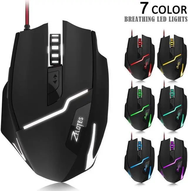 Alt view image 3 of 7 - Zelotes T10 Ergonomic Optical Wired Gaming Mouse with 7 Buttons and 7 Colors Breathing Light for Gamer PC Macbook Laptop (White)
