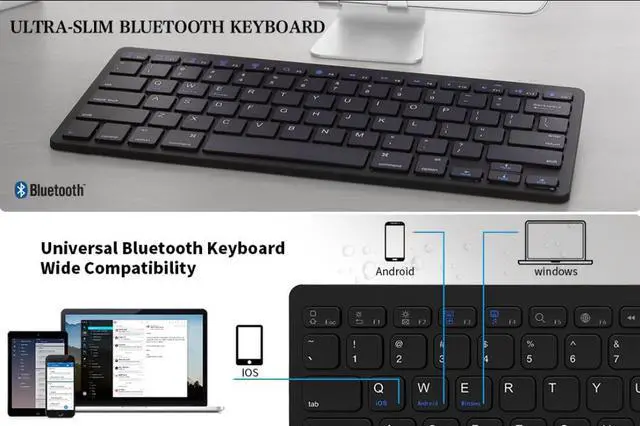 Alt view image 7 of 7 - ESTONE Bluetooth 3.0 Ultra Slim Wireless Rechargable Keyboard With Stainless Stand Cover For iOS/Android and Windows PC/Laptop/Notebook/MacBook/Samsung Galaxy Tablet/iPhone/iPad/Microsoft Surface