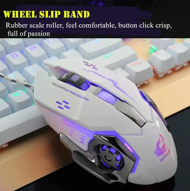 Alt view image 7 of 7 - Freewolf V5 4000DPI Wired Mouse, 4 Adjustable DPI Levels, 500/1500/2500/4000DPI, 4 Circular & Breathing LED Light, 6 Buttons White