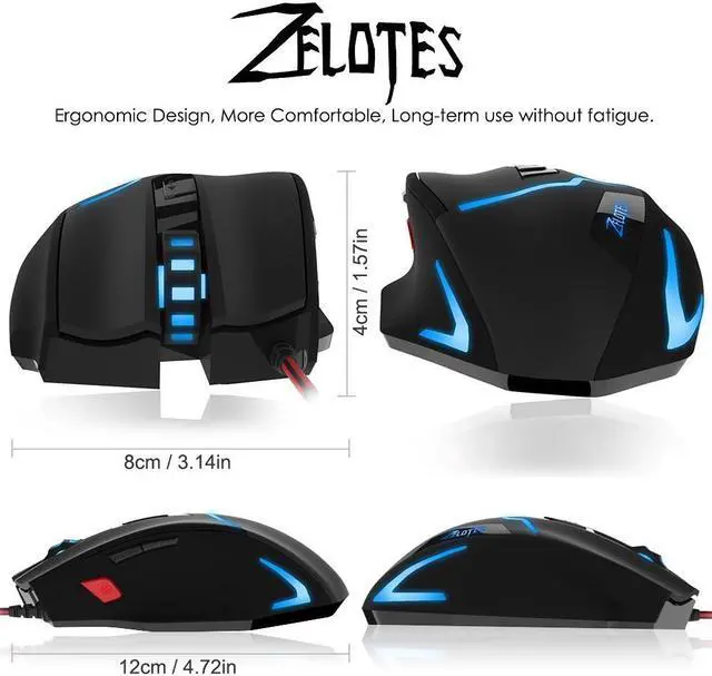 Alt view image 2 of 7 - Zelotes T10 Ergonomic Optical Wired Gaming Mouse with 7 Buttons and 7 Colors Breathing Light for Gamer PC Macbook Laptop (White)