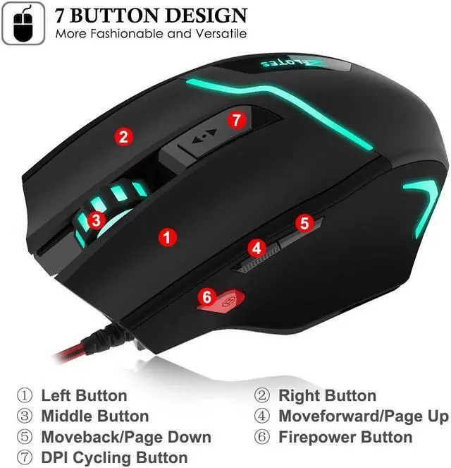 Alt view image 4 of 7 - Zelotes T10 Ergonomic Optical Wired Gaming Mouse with 7 Buttons and 7 Colors Breathing Light for Gamer PC Macbook Laptop (White)