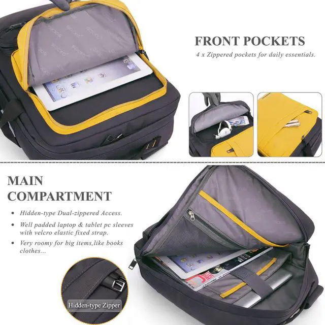 Alt view image 4 of 8 - ESTONE Anti Theft Laptop Backpack,Laptop Bags For Up to 15.6-17.3 Inch Laptops/3 Styles Carry Lightweight College School Student Travel Business Work Computer Backpack, Yellow