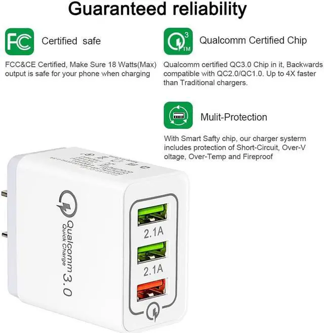 Alt view image 5 of 7 - ESTONE 3.0 Quick Fast Charger 3-Ports QC3.0 USB Wall Charger Travel Adapter Support Smart Fast Charging For Samsung Galaxy S6 Apple tablet