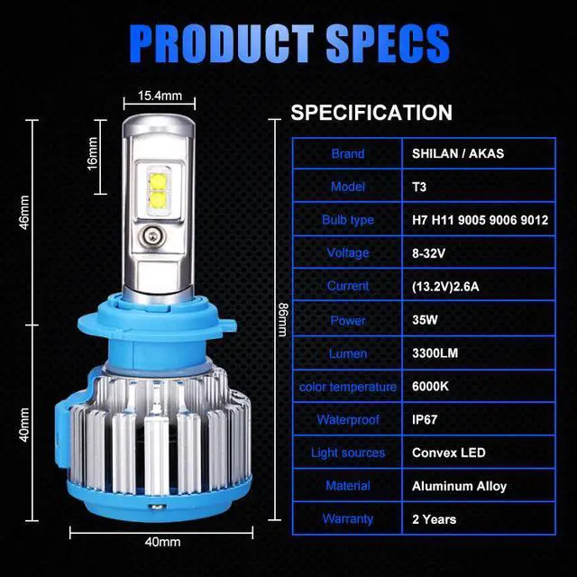 Alt view image 2 of 7 - H7 LED Headlight Bulb, 70W 7200Lumens Extremely Brigh Convex LED Chilps Conversion Kit (6000K Cool White)   - 2 Year Warranty