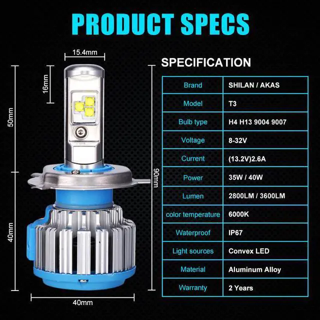 Alt view image 2 of 7 - H4(HB2/9003) Hi/Lo LED Headlight Bulb, 70W 7200Lumens Extremely Brigh Convex LED Chilps Conversion Kit (6000K Cool White)   - 2 Year Warranty