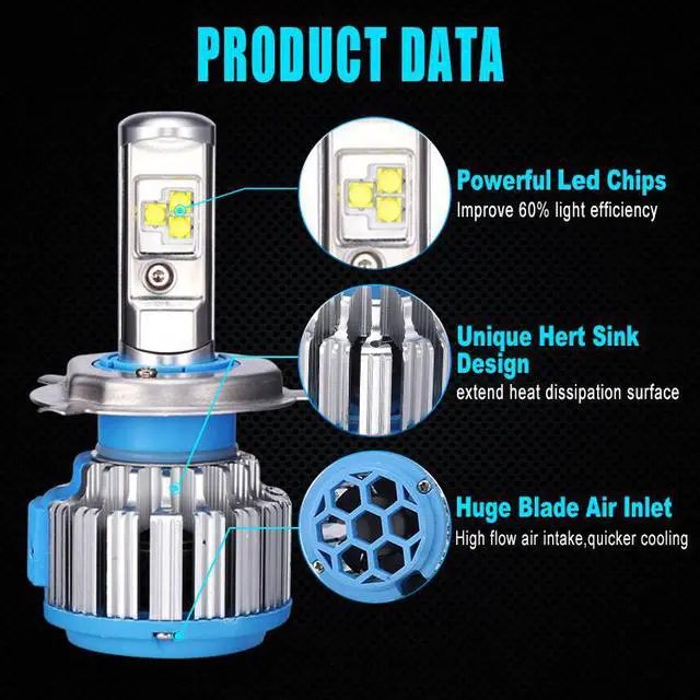 Alt view image 3 of 7 - H4(HB2/9003) Hi/Lo LED Headlight Bulb, 70W 7200Lumens Extremely Brigh Convex LED Chilps Conversion Kit (6000K Cool White)   - 2 Year Warranty