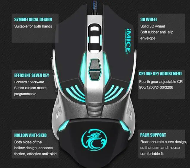 Alt view image 4 of 8 - iMice Macro Wired Gaming Mouse Gamer Frosted 3200DPI LED Ergonomic Optical USB Computer Mouse for PC Laptop Desktop Notebook