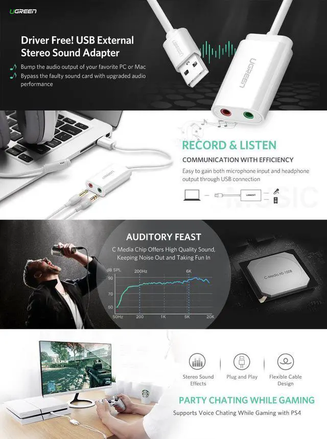 Alt view image 7 of 7 - ESTONE USB Audio Adapter Sound Card External 3.5mm USB Adapter USB to Microphone Speaker Audio Interface for PS4 Pro Computer USB Sound Card-White