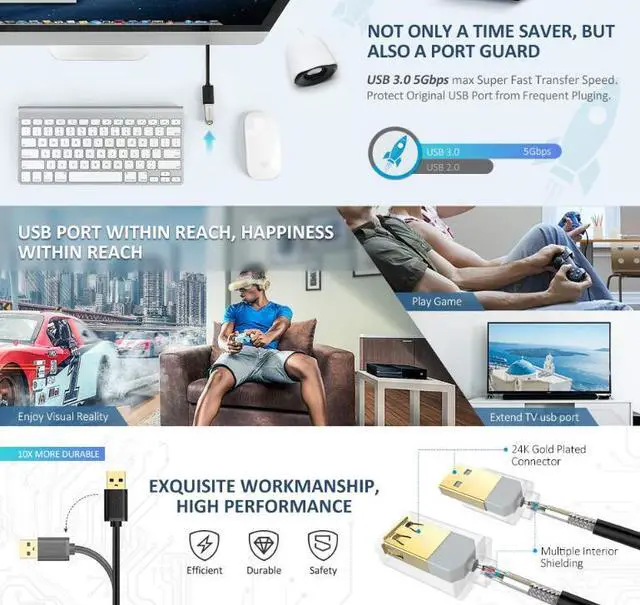 Alt view image 7 of 8 - ESTONE USB 3.0 Extension Cable  for Playstation, Xbox, USB Flash Drive, Card Reader, Hard Drive, Keyboard, Printer, Camera-(1.65ft, 0.5m)