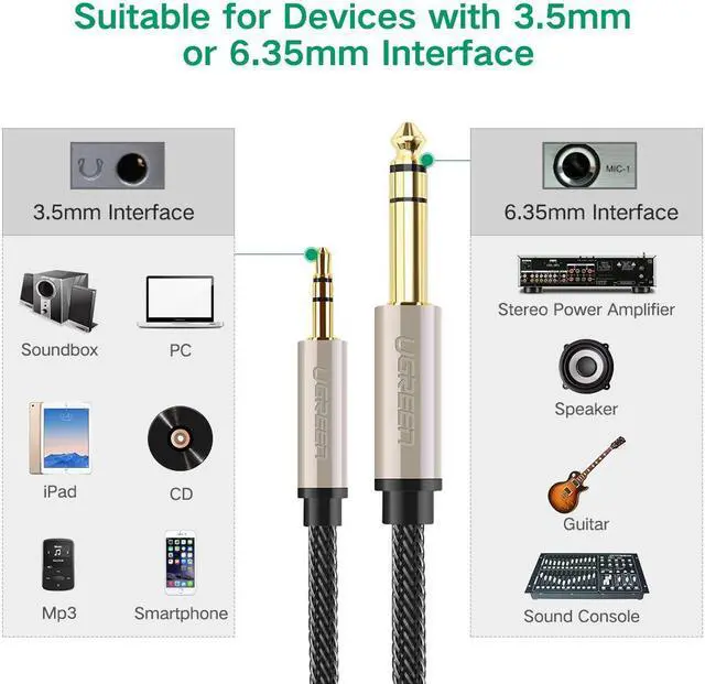 Alt view image 3 of 7 - ESTONE 3.5mm to 6.35mm Audio Cable with Zinc Alloy Housing and Gold Plugs Nylon Braid Stereo 1/4-inch to 1/8-inch Jack Cord for iPhone, iPod, Laptop, Amplifier,Microphone and Guitar(3.3ft, 1meter)