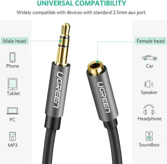 Alt view image 2 of 7 - ESTONE 3.5mm Extension Cable Aux Cord Stereo Audio Cable Male to Female Type Gold Plated Step Down Design Metal Connectors for iPhone, iPad or Smartphones, Tablets, Media Players-Black(3.3FT, 1meter)