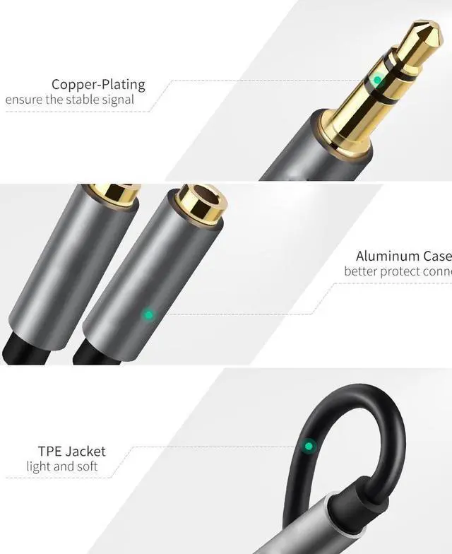 Alt view image 2 of 7 - ESTONE (2-PACK)3.5mm Jack Y Splitter Male to 2 Female Ports with Mic Headphone Extension Audio Cable AUX Cord for Speaker Phone-Black