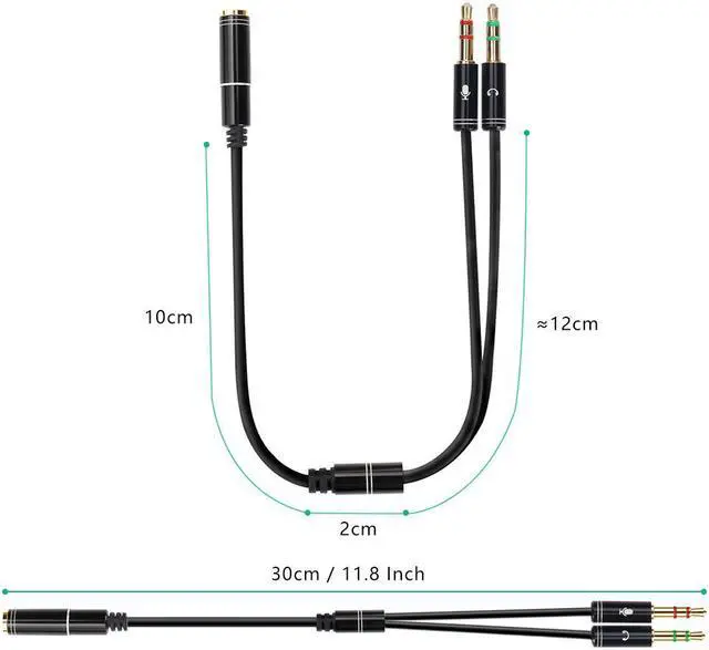 Alt view image 3 of 7 - ESTONE  (2 Pack) 3.5mm 4 Pin Female to 2x3.5mm 3 Pin Male Headphone Converter Head Audio Splitter Y Adapter Cable, 0.3M 1FT (Black)