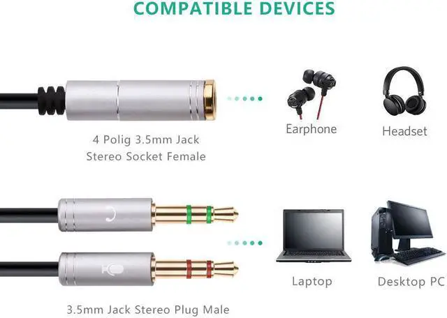 Alt view image 4 of 8 - ESTONE  (2 Pack) 3.5mm Jack Adapter CTIA - Y Splitter Audio Cable with Separate Microphone and Headphone Connector Compatible for PC, PS4 Gaming Headset- 1Ft/30cm, (Gray)