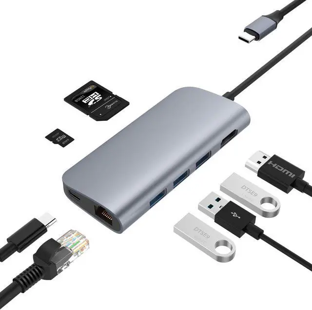 Main image of Basix T7 USB C Hub, 8 in 1 Multi-Port Type C Adapter Thunderbolt 3 with Type C Pd 2.0 Charging Port, HDMI Output, 3 USB 3.0 Ports, Gigabit Ethernet Port, SD/MicroSD Card Reader (Gray)