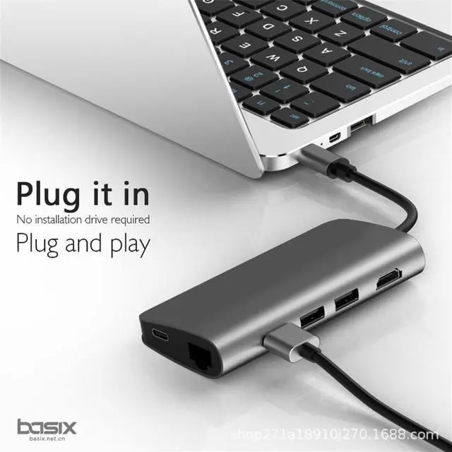 Alt view image 2 of 7 - Basix T7 USB C Hub, 8 in 1 Multi-Port Type C Adapter Thunderbolt 3 with Type C Pd 2.0 Charging Port, HDMI Output, 3 USB 3.0 Ports, Gigabit Ethernet Port, SD/MicroSD Card Reader (Gray)