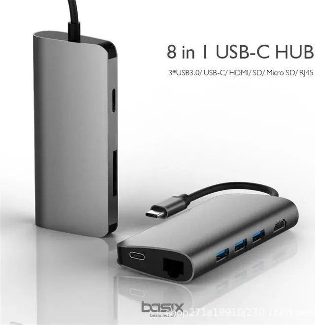 Alt view image 2 of 9 - Basix T7 USB C Hub Adapter for MacBook pro 2018/2017/2016, 8 in 1 40Gbps Type C Hub with USB-C 100W Power Delivery, USB C 5Gbps Data, 5K HDMI, microSD/SD Card Reader, 3xUSB 3.0 Ports -Gray