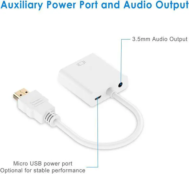 Alt view image 3 of 8 - ESTONE HDMI to VGA, Moread Gold-Plated HDMI to VGA Adapter (Male to Female) with 3.5mm Audio Jack & Micro USB Charging Cord  for Computer, Desktop, Laptop,PC,Monitor, Projector, HDTV, Chromebook-White