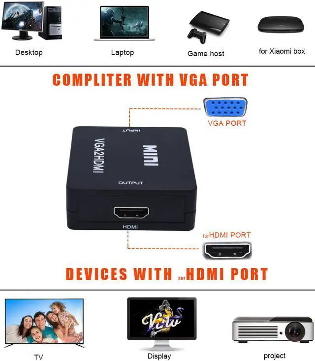 Alt view image 3 of 8 - ESTONE VGA to HDMI Converter Gold-Plated Active Full HD 1080P Male to Female Adapte with USB Cable and 3.5mm Audio Port Cable Support Computer, Desktop, Laptop, PC, Monitor, Projector, HDTV - Black