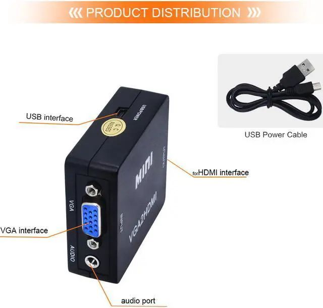 Alt view image 2 of 8 - ESTONE VGA to HDMI Converter Gold-Plated Active Full HD 1080P Male to Female Adapte with USB Cable and 3.5mm Audio Port Cable Support Computer, Desktop, Laptop, PC, Monitor, Projector, HDTV - Black