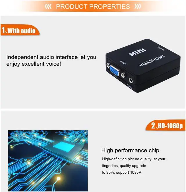 Alt view image 5 of 8 - ESTONE VGA to HDMI Converter Gold-Plated Active Full HD 1080P Male to Female Adapte with USB Cable and 3.5mm Audio Port Cable Support Computer, Desktop, Laptop, PC, Monitor, Projector, HDTV - Black