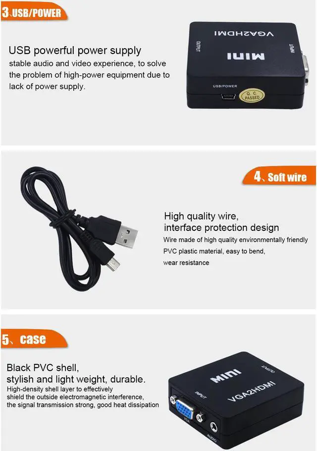 Alt view image 6 of 8 - ESTONE VGA to HDMI Converter Gold-Plated Active Full HD 1080P Male to Female Adapte with USB Cable and 3.5mm Audio Port Cable Support Computer, Desktop, Laptop, PC, Monitor, Projector, HDTV - Black