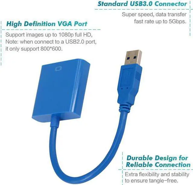 Alt view image 3 of 7 - ESTONE USB to VGA Converter, USB 3.0/2.0 to VGA Adapter Multi-Display Video Converter- PC Laptop Windows 7/8/8.1/10,Desktop, Laptop, PC, Monitor, Projector, HDTV, Chromebook. No Need CD Driver(Blue)