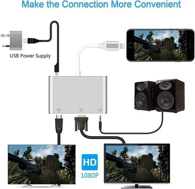 Alt view image 5 of 7 - ESTONE HDMI VGA AV Adapter Converter, 2019 Latest 4 in 1 Plug and Play Digtal AV Adapter Compatible for iPhone X / 8 / 8Plus/7/7Plus/6/6s/6s Plus/5/5s iPad iPod to Projector HDTV Projector Monitor