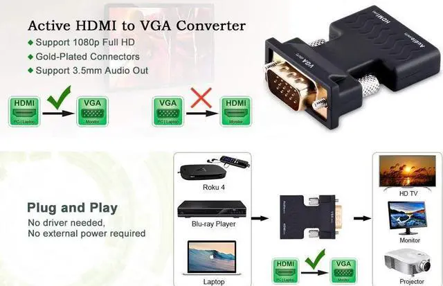 Alt view image 7 of 8 - ESTONE Gold-plated Female HDMI to VGA Male Converter Adapter 1080P Stereo Audio for TVs, Speakers, Computers, Laptops, Gaming Consoles, Notebooks, Blu-ray DVD Players & More(Black)