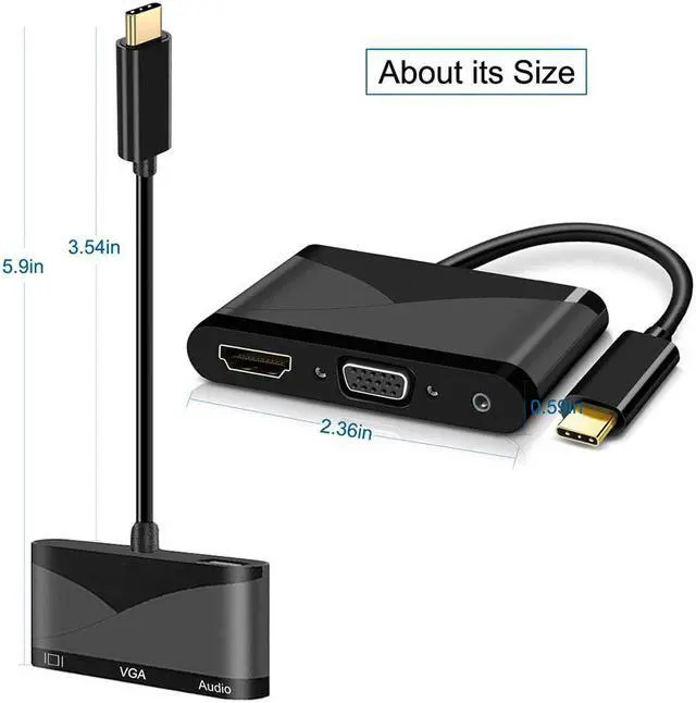 Alt view image 2 of 8 - ESTONE USB C to HDMI + VGA Audio Adapter, USB Type C (Thunderbolt 3 Compatible) to HDMI 4K+VGA Video Converter, for 2017 New MacBook Pro/Chromebook Pixel/ThinkPad T470 /Samsung Galaxy S8/S8