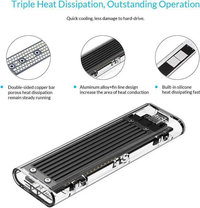 Alt view image 3 of 8 - ESTONE Transparent NVMe M.2 Enclosure Tool-Free USB3.1 Type-C Gen2 10Gbps to M.2 SSD Enclosure for Intel 660p/Samsung 970 EVO/Samsung970 Pro 2230/2242/2260/2280 PCIe NVMe M-Key SSD up to 2TB-Black