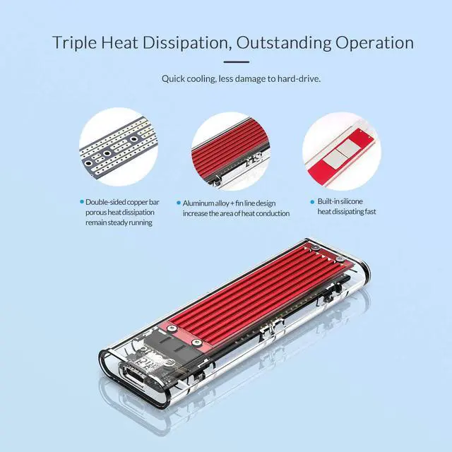 Alt view image 3 of 7 - ESTONE M.2 SSD Enclosure USB 3.1 USB C to NVMe M.2 Adapter Transparent USB 3.1 Type C Gen 2 10Gbps to M-Key Hard Drive Caddy External Case for 2230/2242/2260/2280 Support UASP, Tool-Free -Red