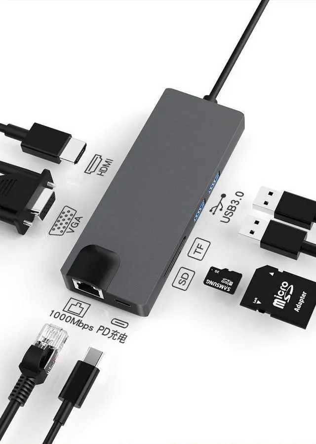 Alt view image 4 of 6 - 8-in-1Type-C to USB3.0 Gigabit LAN VGA HDMI Hub Power Port SD/TF Docking Station