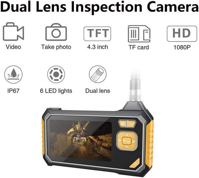 Alt view image 3 of 7 - Inskam113-2 Dual-lens 10M 4.3-inch Large Screen Borescope HD 1080P Hard Wire  + IP67 Waterproof for Car Sewer Air Conditioner Mechanical Maintenance-10M