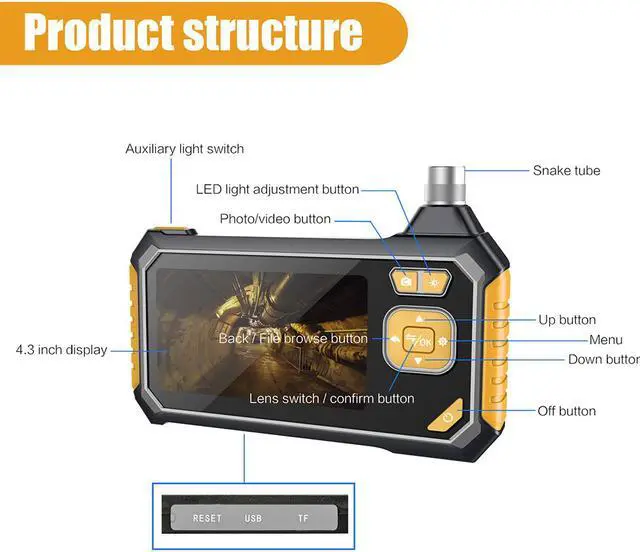Alt view image 2 of 7 - Inskam113-2 Dual-lens 10M 4.3-inch Large Screen Borescope HD 1080P Hard Wire  + IP67 Waterproof for Car Sewer Air Conditioner Mechanical Maintenance-10M