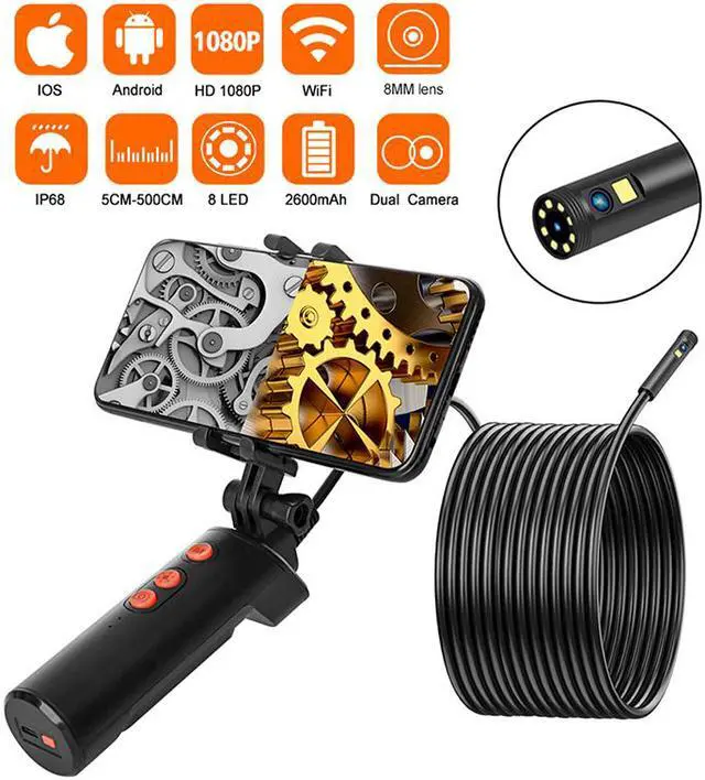 Alt view image 2 of 7 - F280-8mm-10m Handle WIFI Endoscope Camera Dual Camera Lens 1080P 10M IP68 Waterproof Hard Wire 8mm 9 LED Borescope Camera For Android IOS
